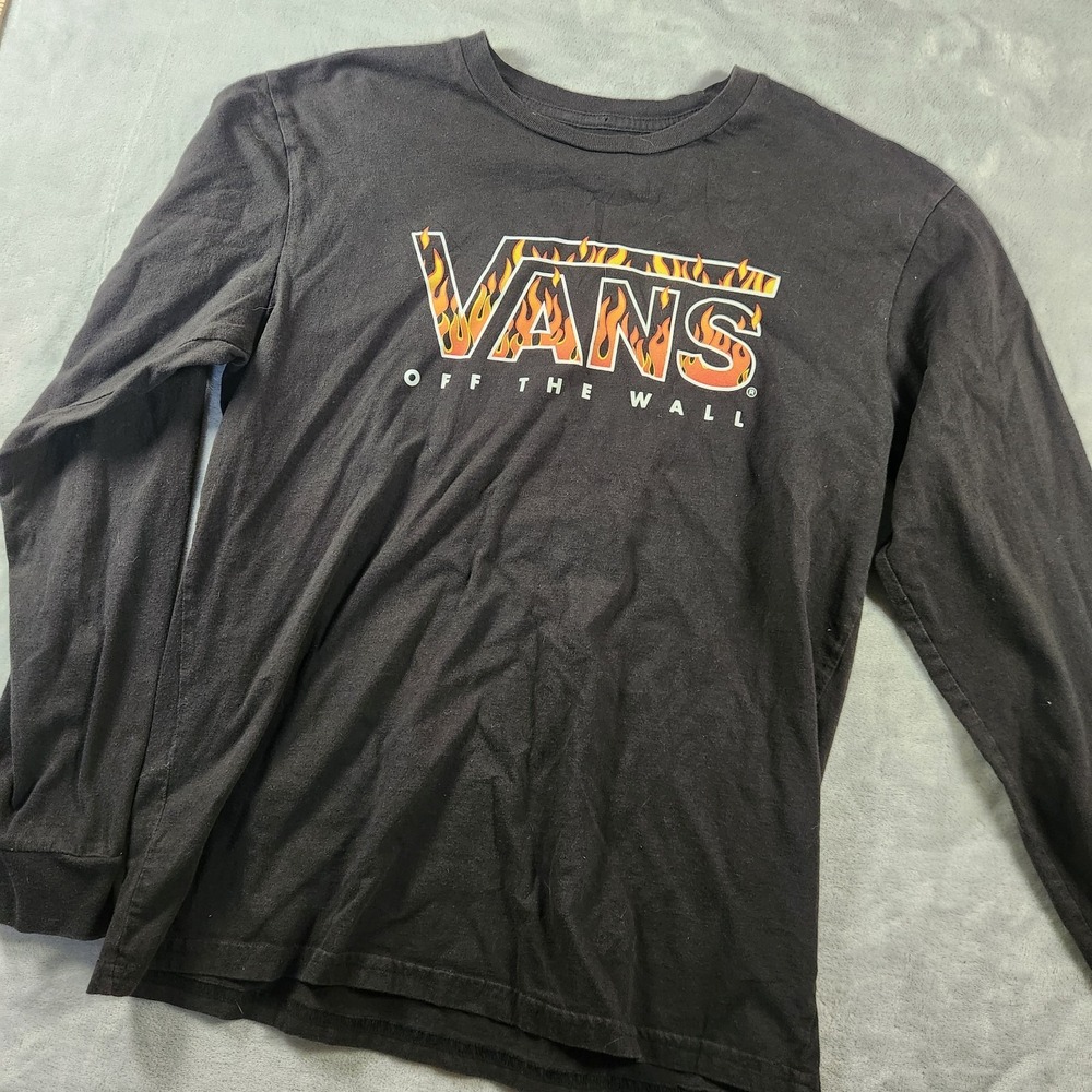 Vans Off The Wall‎ Youth XL Black Long Sleeve Shirt Flames Logo